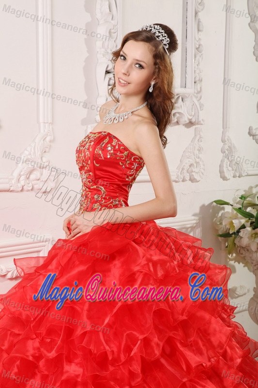 Embroidered and Ruffled Red Sweet Sixteen Dresses with Brush Train