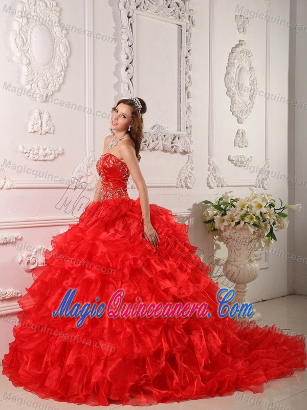 Embroidered and Ruffled Red Sweet Sixteen Dresses with Brush Train