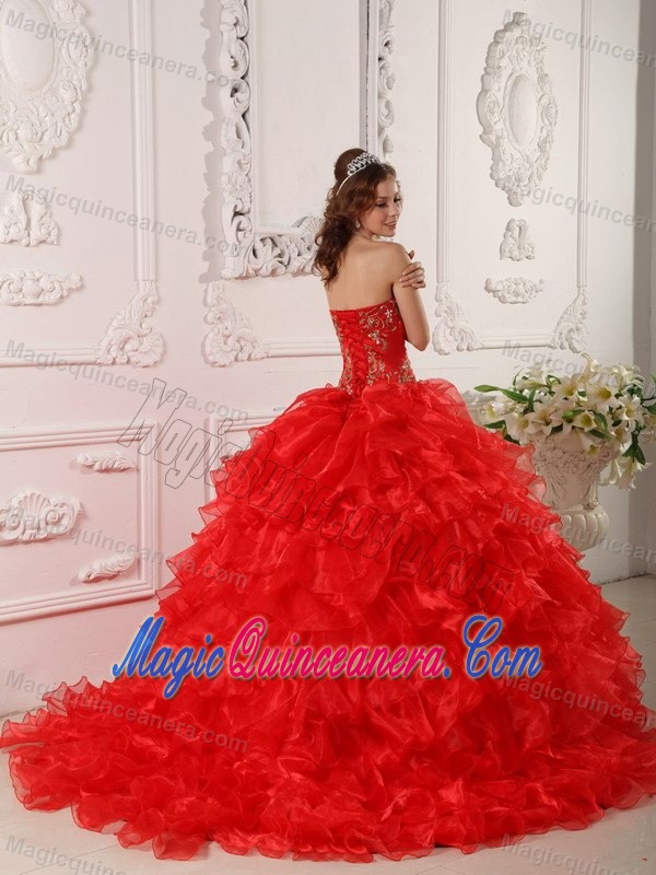 Embroidered and Ruffled Red Sweet Sixteen Dresses with Brush Train