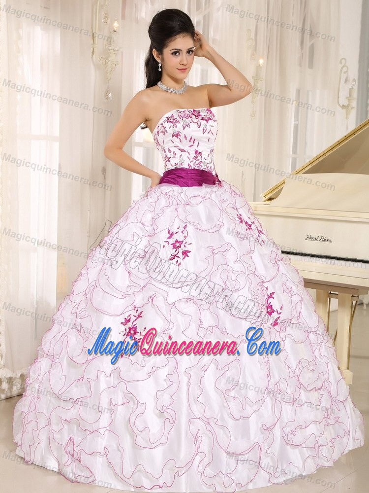 White Strapless Quinces Dresses with Frilly Ruffles and Embroidery