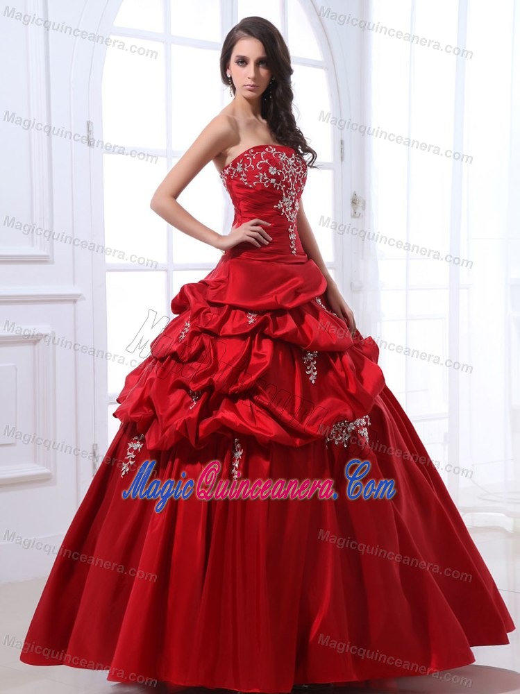 Embroidered Red A-line Quinceanera Dresses with Pick ups on Sale