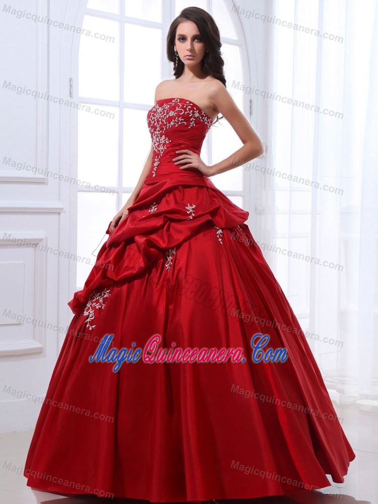 Embroidered Red A-line Quinceanera Dresses with Pick ups on Sale