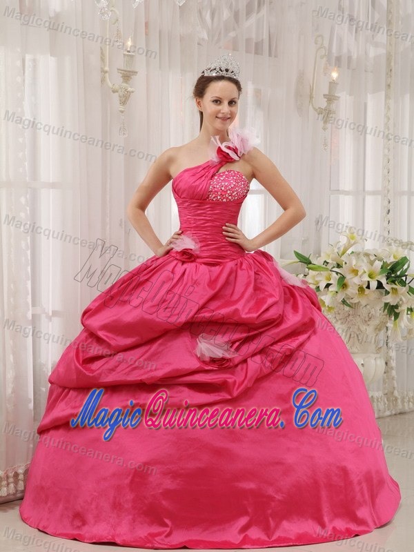 Trendy one Shoulder Pick Ups Dress for Sweet 16 in Hot Pink