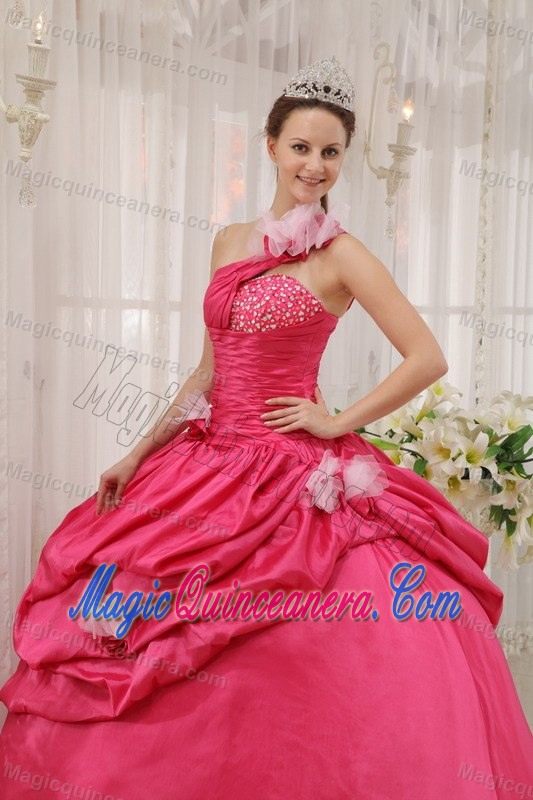 Trendy one Shoulder Pick Ups Dress for Sweet 16 in Hot Pink