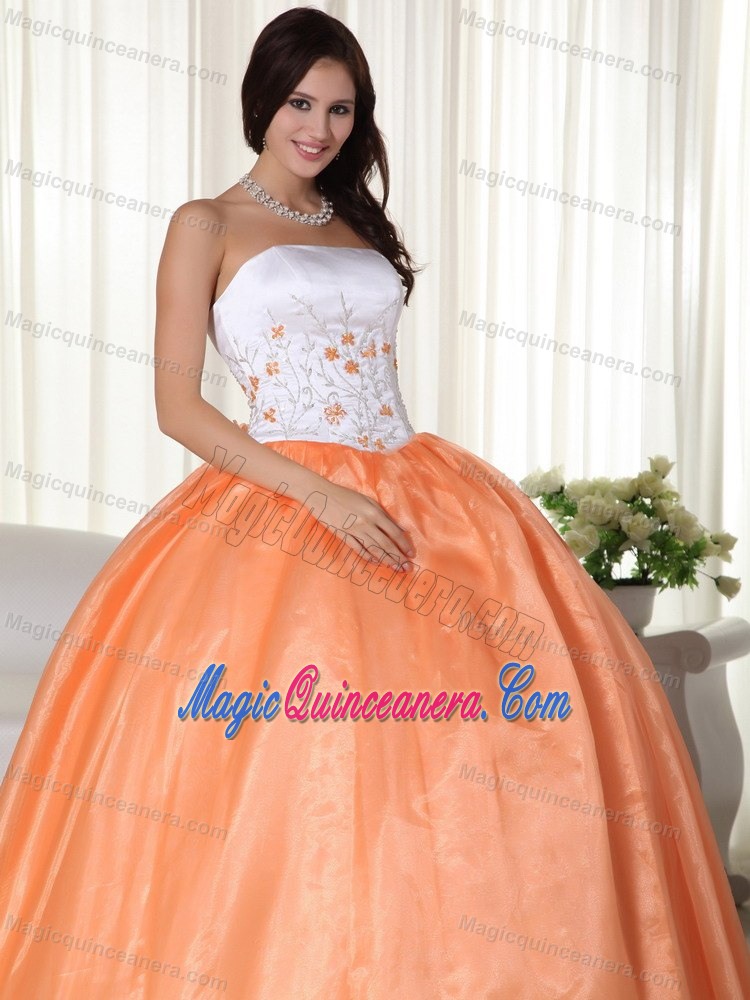 Embroidery Orange and White Ball Gown Quinceanera Dress 2014