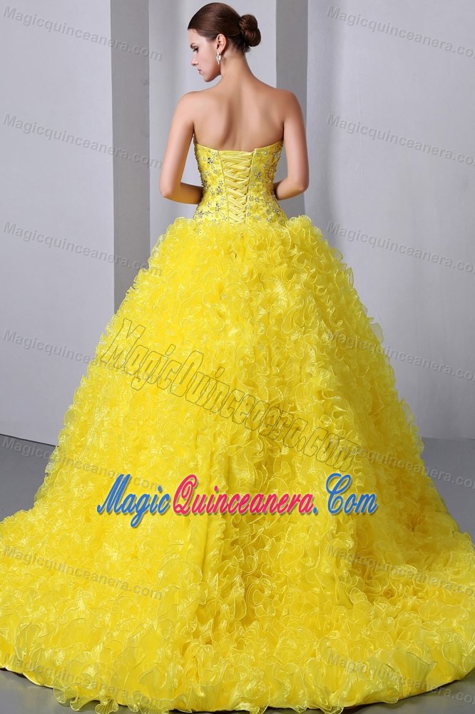 Sweetheart Beaded Yellow Quinces Dresses with Rolling Flowers