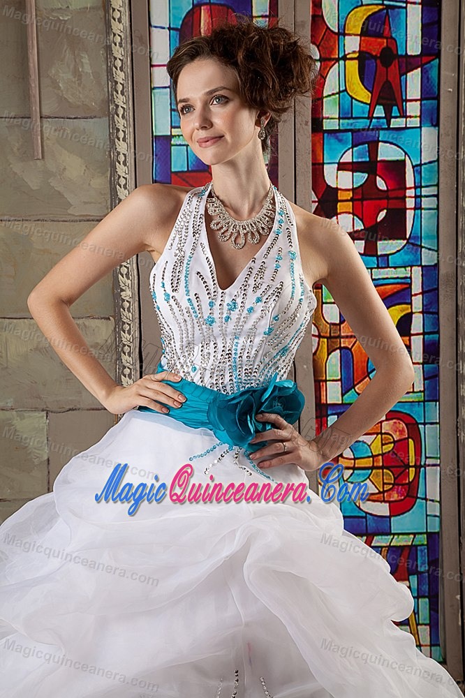 Organza Halter Lace-up White Sweet 15 Dresses with Blue Sash