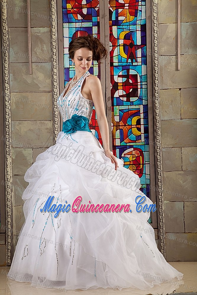 Organza Halter Lace-up White Sweet 15 Dresses with Blue Sash