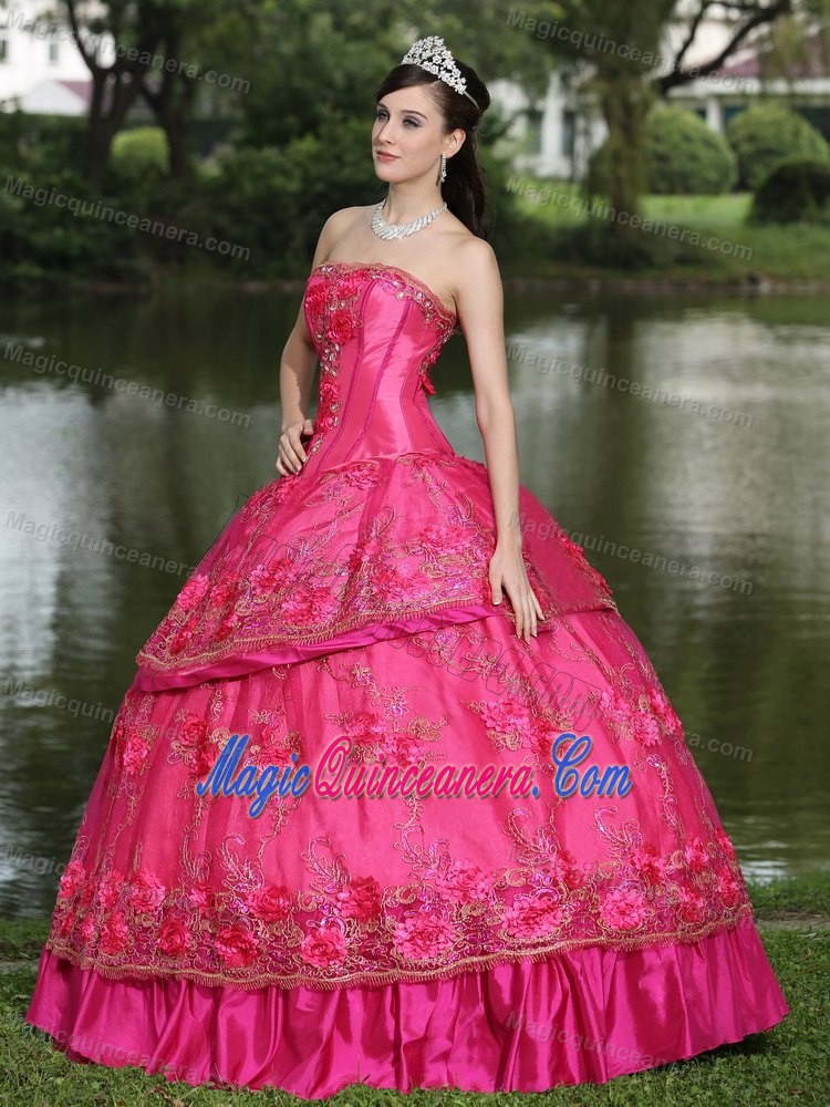 2013 on Sale Strapless Appliqued Hot Pink Dresses for Quince