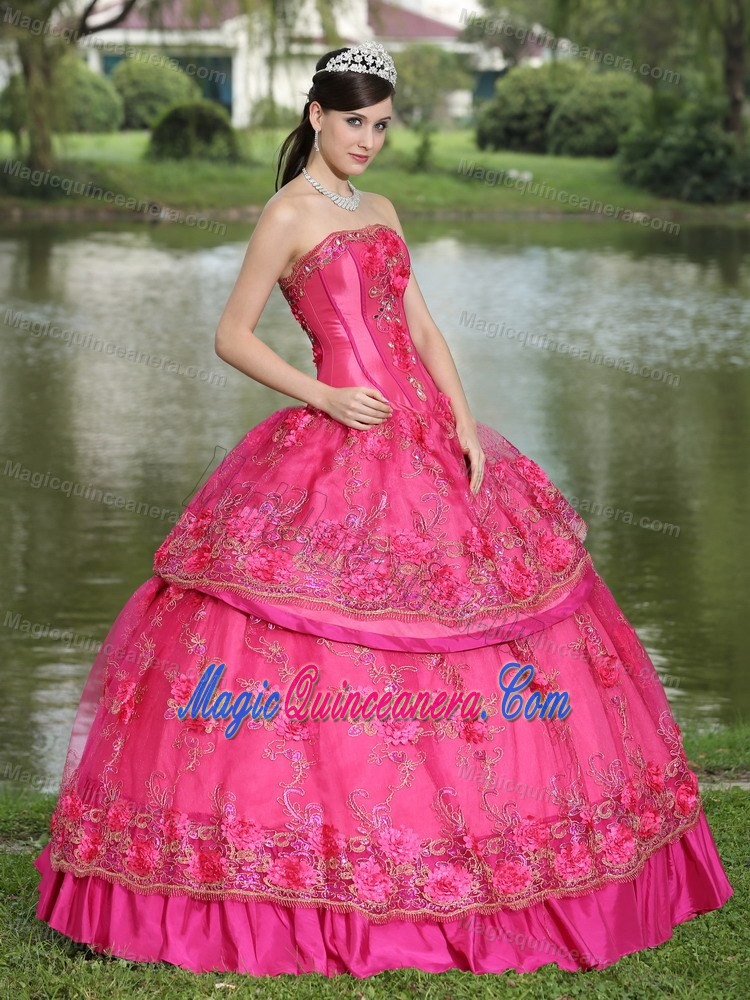 2013 on Sale Strapless Appliqued Hot Pink Dresses for Quince