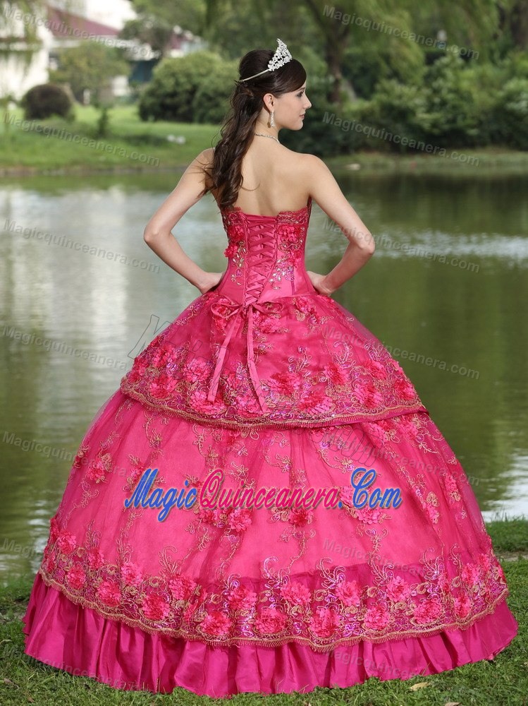 2013 on Sale Strapless Appliqued Hot Pink Dresses for Quince