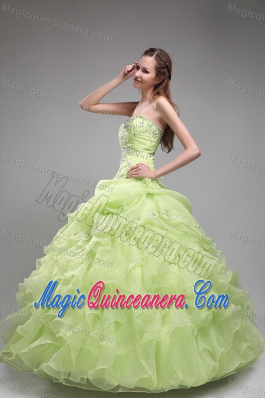 Beautiful Strapless Ruffled Quinces Dresses in Spring Green