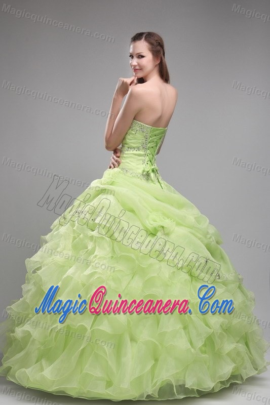 Beautiful Strapless Ruffled Quinces Dresses in Spring Green