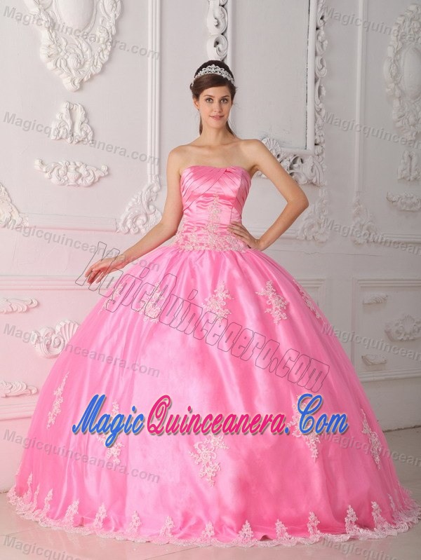 Pretty Pink Appliqued Ball Gown Quinces Dress with Lace Hem