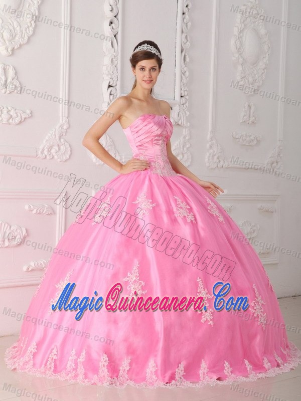 Pretty Pink Appliqued Ball Gown Quinces Dress with Lace Hem