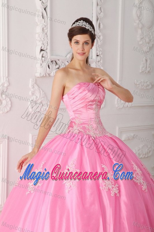 Pretty Pink Appliqued Ball Gown Quinces Dress with Lace Hem