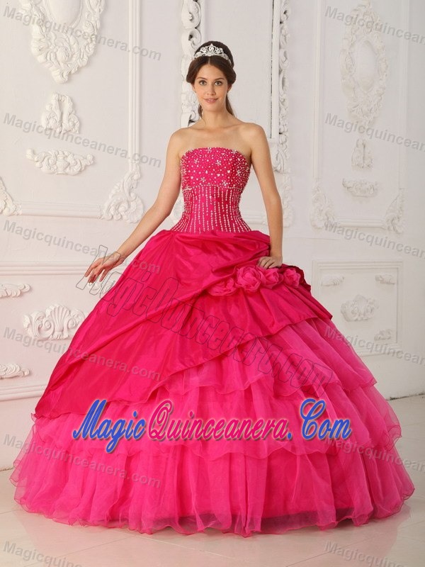 Fast Shipping Strapless Beaded Hot Pink Quinceanera Dresses