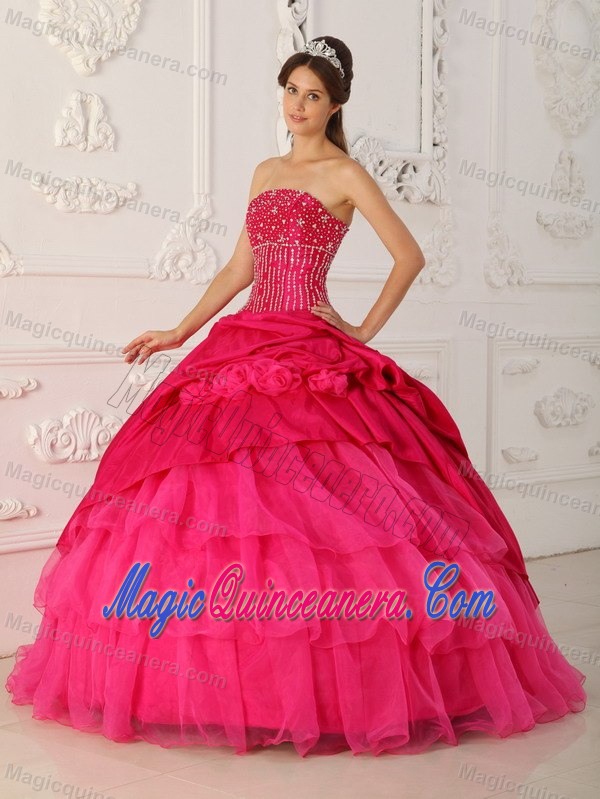 Fast Shipping Strapless Beaded Hot Pink Quinceanera Dresses