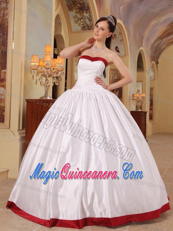 Simple White Ball Gown Sweet 15 Dresses with Wine Red Hem