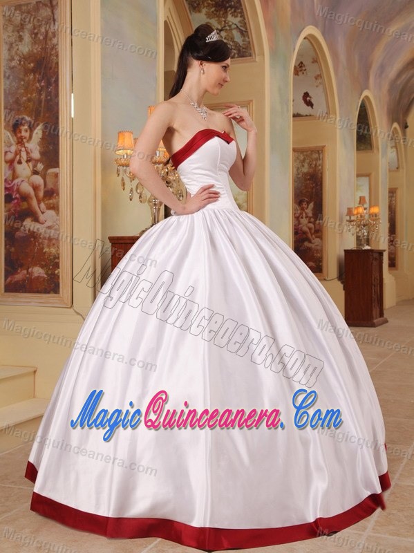 Simple White Ball Gown Sweet 15 Dresses with Wine Red Hem