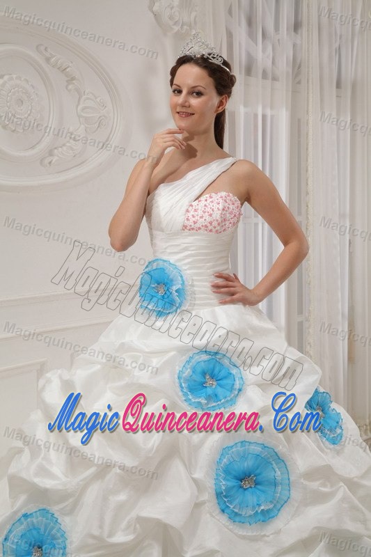 One Shoulder Beaded White Quinces Dresses with Blue Flowers