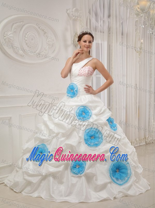 One Shoulder Beaded White Quinces Dresses with Blue Flowers