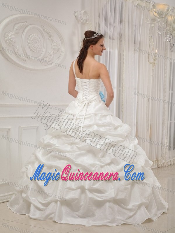 One Shoulder Beaded White Quinces Dresses with Blue Flowers