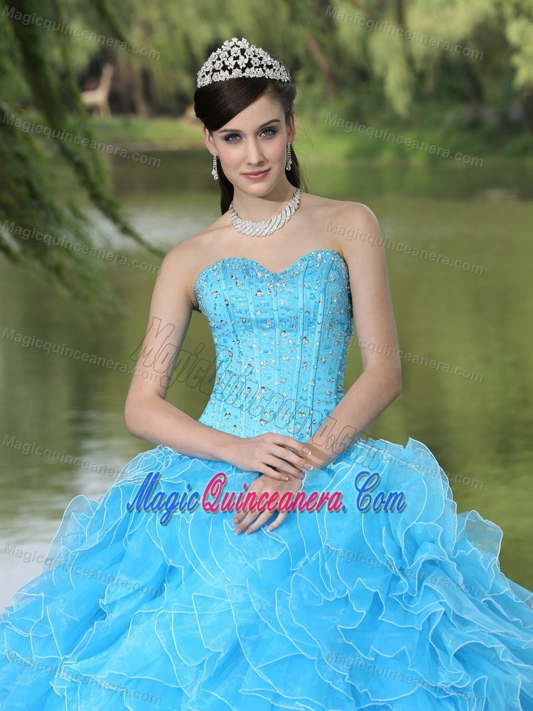 Famous Corset Back Ruffled Beaded Aqua Blue Sweet 16 Dress