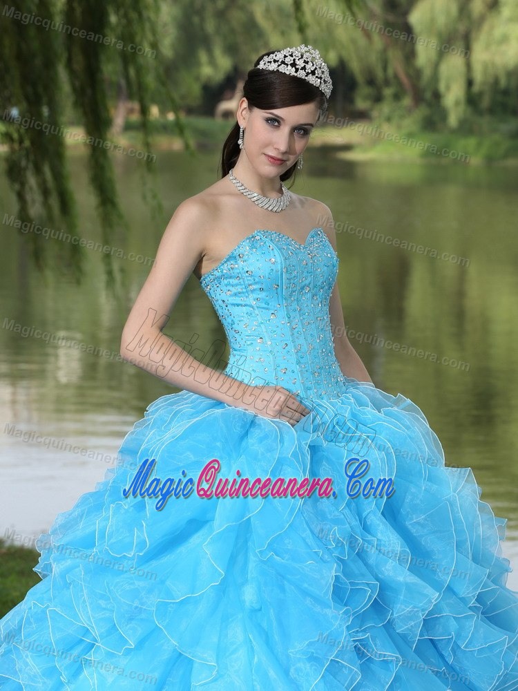 Famous Corset Back Ruffled Beaded Aqua Blue Sweet 16 Dress