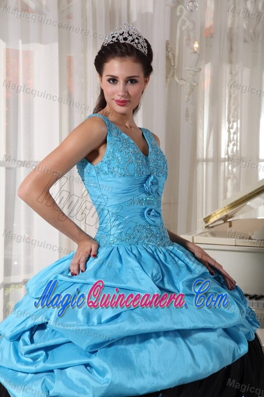 V-neck Pick Ups Flowers Blue and Black Quinceanera Dresses