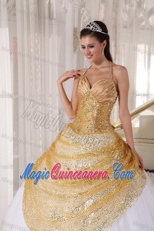 Discount Halter Top White and Gold Sequins Dress for Sweet 16