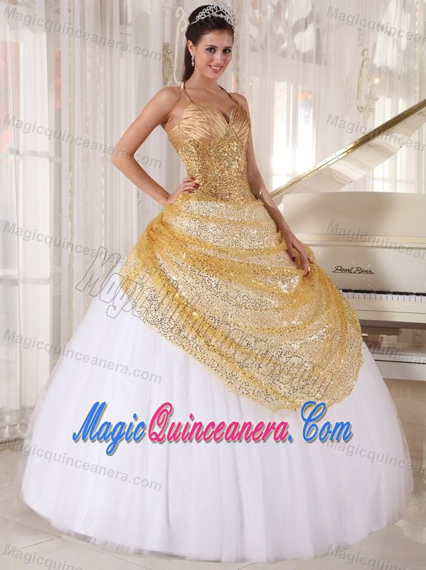 Discount Halter Top White and Gold Sequins Dress for Sweet 16