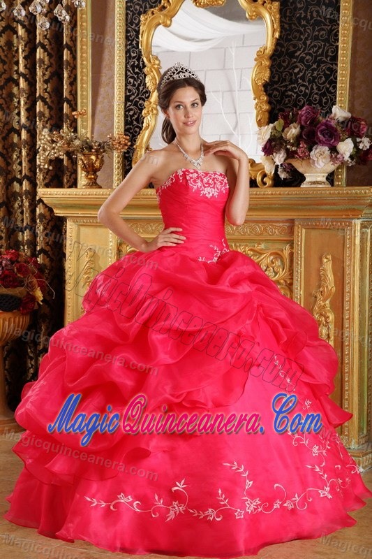 Coral Red Strapless Embroidery Sweet 16 Dresses on Promotion