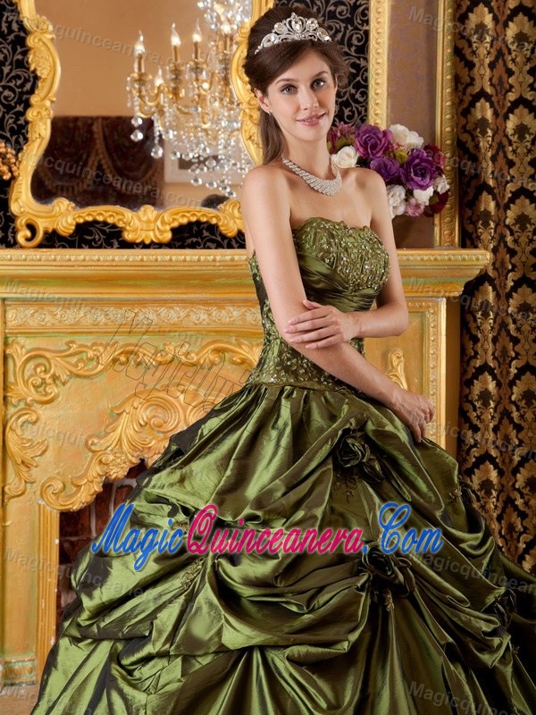 Cheap Strapless Olive Green Appliqued Flower Dress for Quince