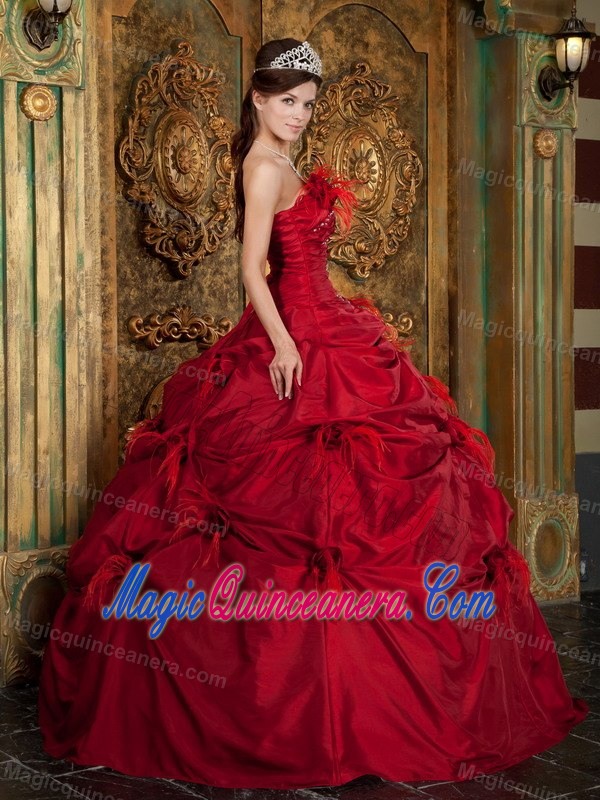 Unique Red Strapless Pick Ups Beaded Feather Quinceanera Dress