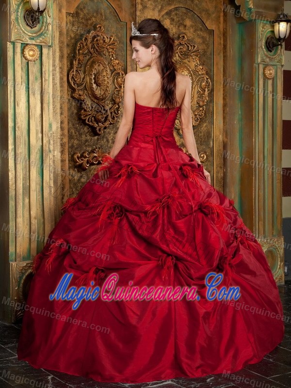 Unique Red Strapless Pick Ups Beaded Feather Quinceanera Dress