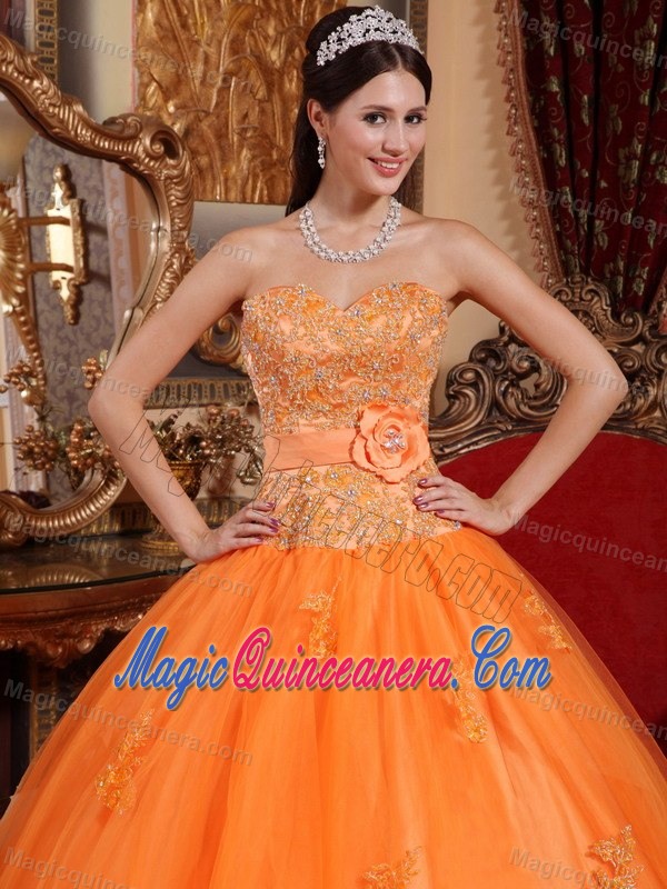 Orange Sweetheart Quinceanera Gown with Appliques and Flower 2013