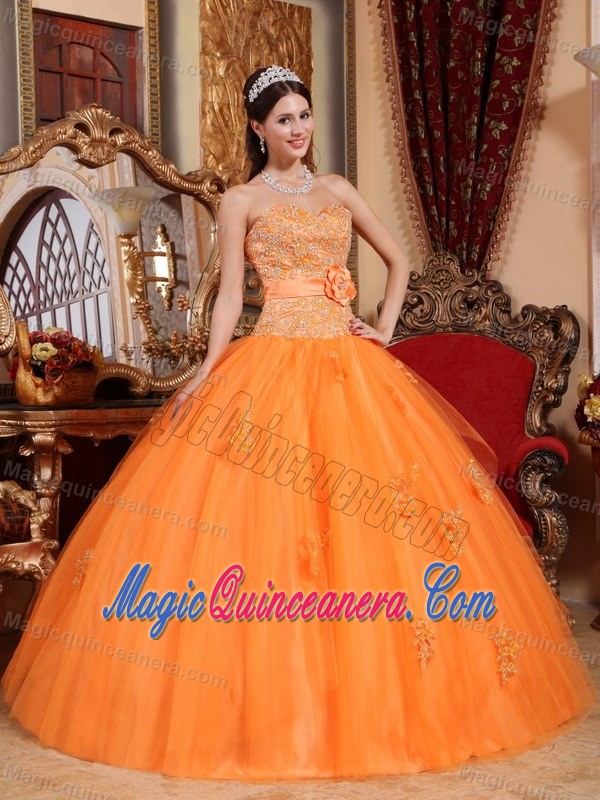 Orange Sweetheart Quinceanera Gown with Appliques and Flower 2013