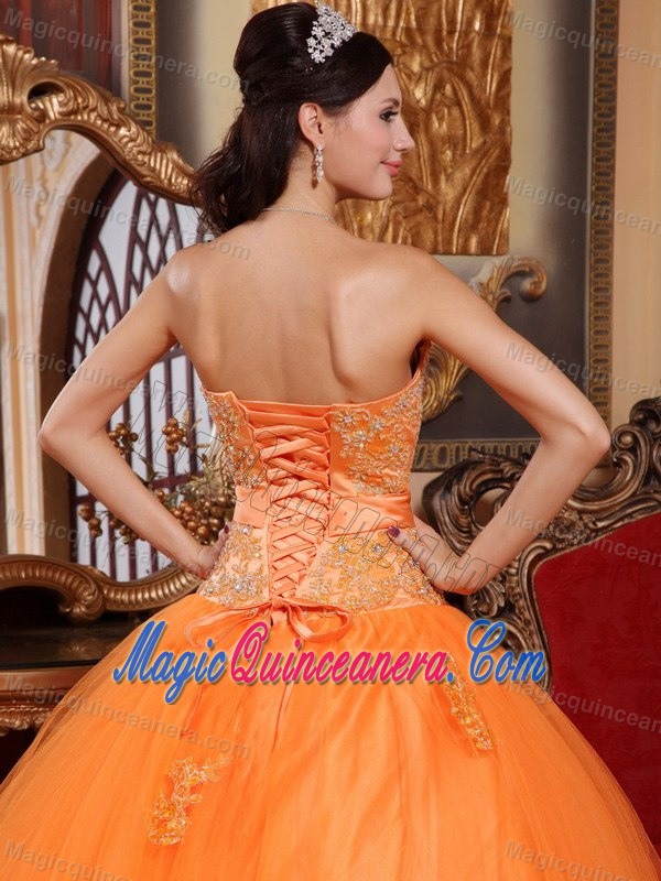 Orange Sweetheart Quinceanera Gown with Appliques and Flower 2013