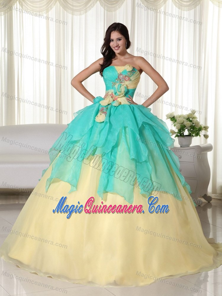 Popular Apple Green and Yellow Quinceanera Gown with Flowers 2013