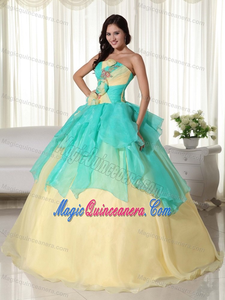 Popular Apple Green and Yellow Quinceanera Gown with Flowers 2013