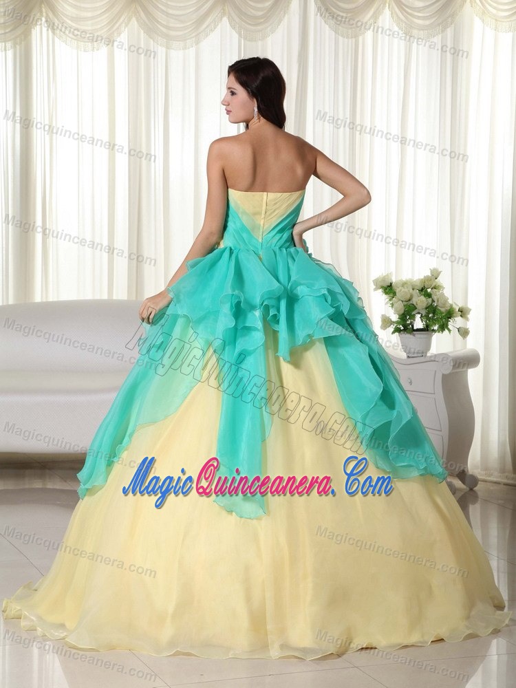 Popular Apple Green and Yellow Quinceanera Gown with Flowers 2013