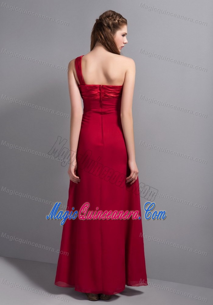 Wine Red One Shoulder Floor-length Chiffon Dresses for Damas in Chester