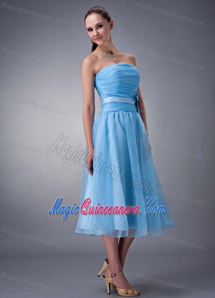 Baby Blue Strapless Tea-length Chiffon Dama Dresses in Wokingham