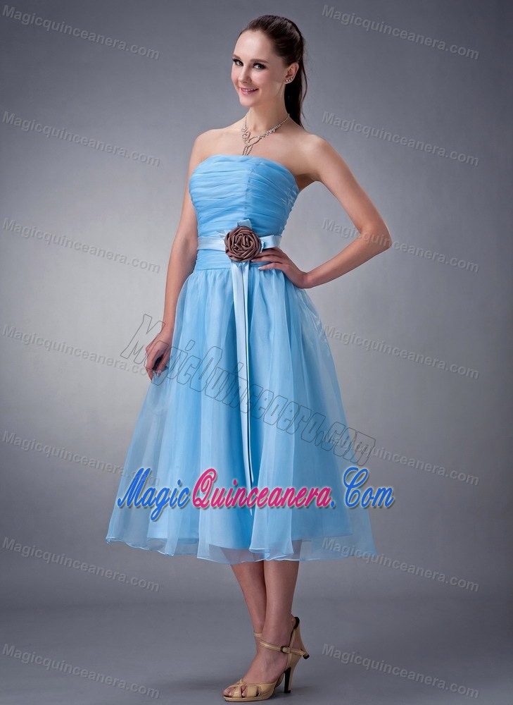 Baby Blue Strapless Tea-length Chiffon Dama Dresses in Wokingham