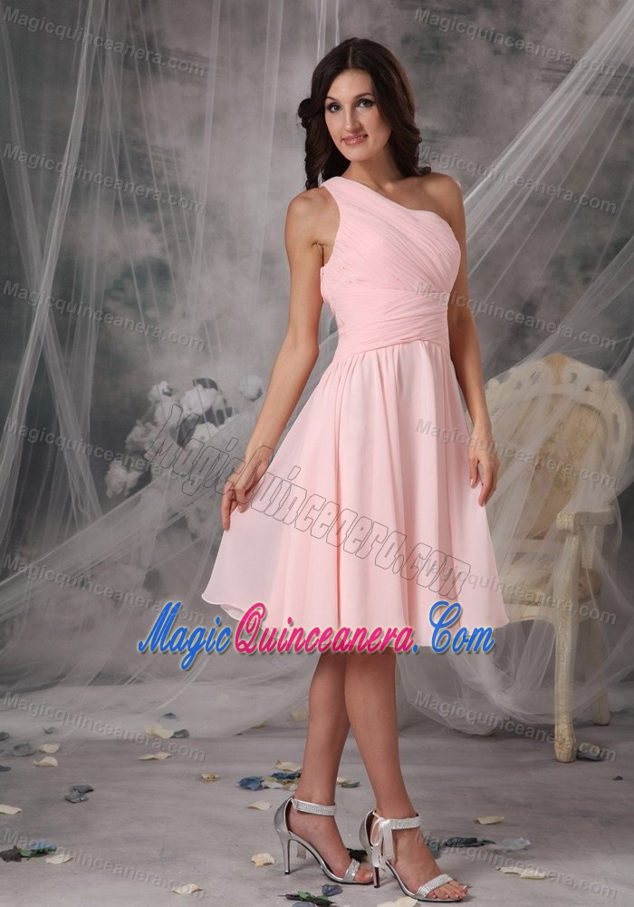 Baby Pink One Shoulder Knee-length Chiffon Dama Dress in Melbourn