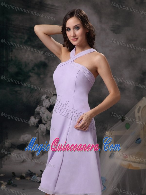 Lilac V-neck Tea Length Chiffon 15 Dresses for Damas in Puerto Rico