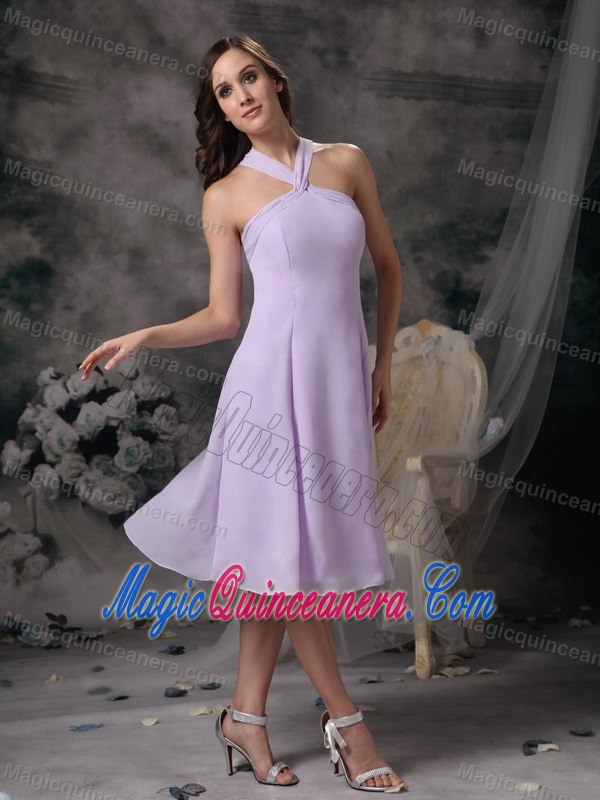 Lilac V-neck Tea Length Chiffon 15 Dresses for Damas in Puerto Rico