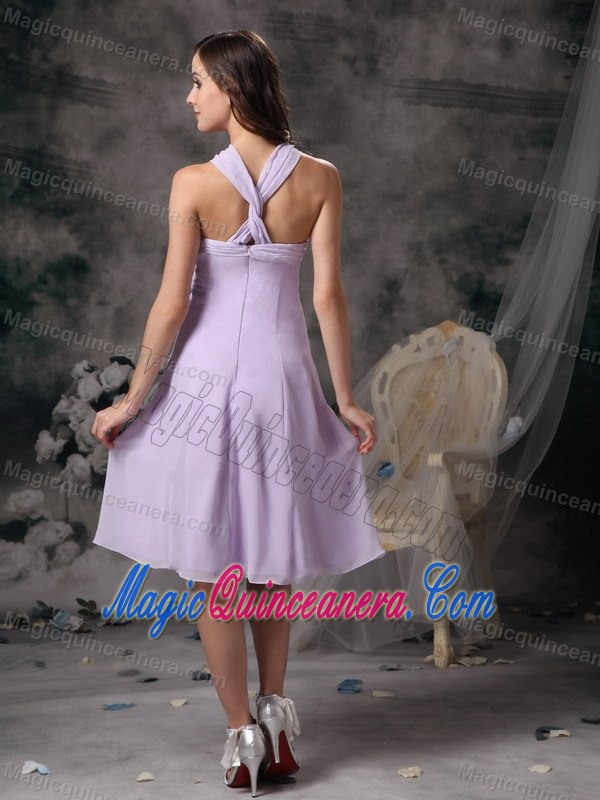 Lilac V-neck Tea Length Chiffon 15 Dresses for Damas in Puerto Rico