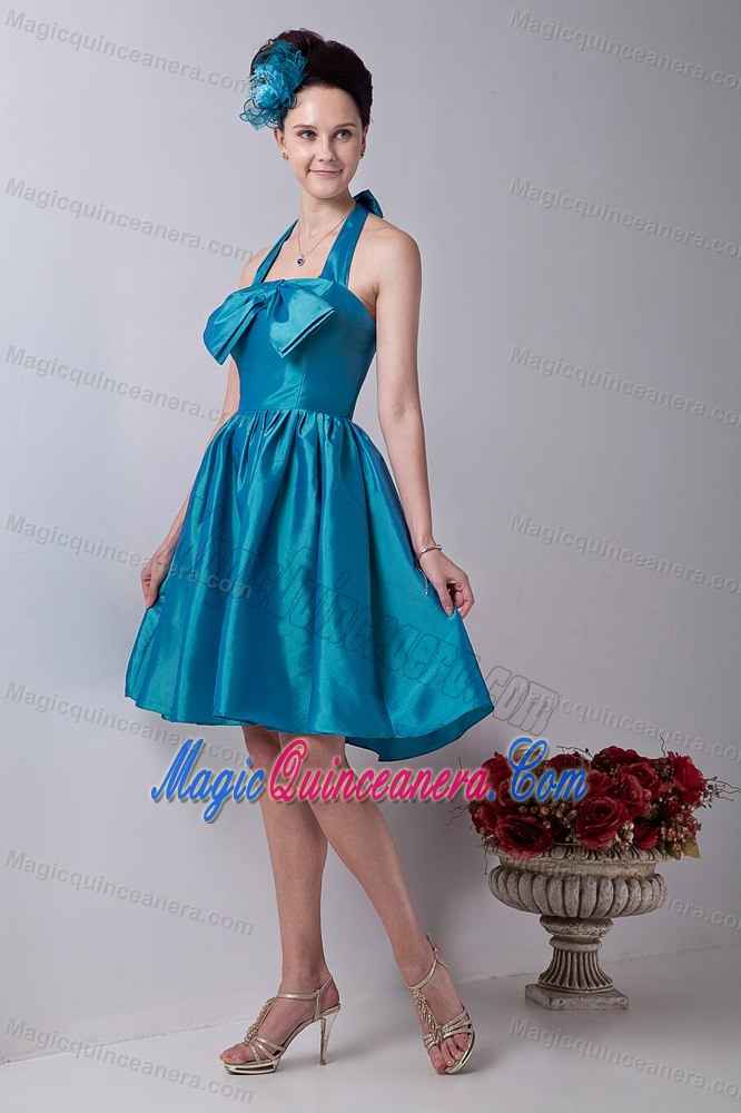 Teal Halter A-line Taffeta Dama Quinceanera Dresses with Bowknot